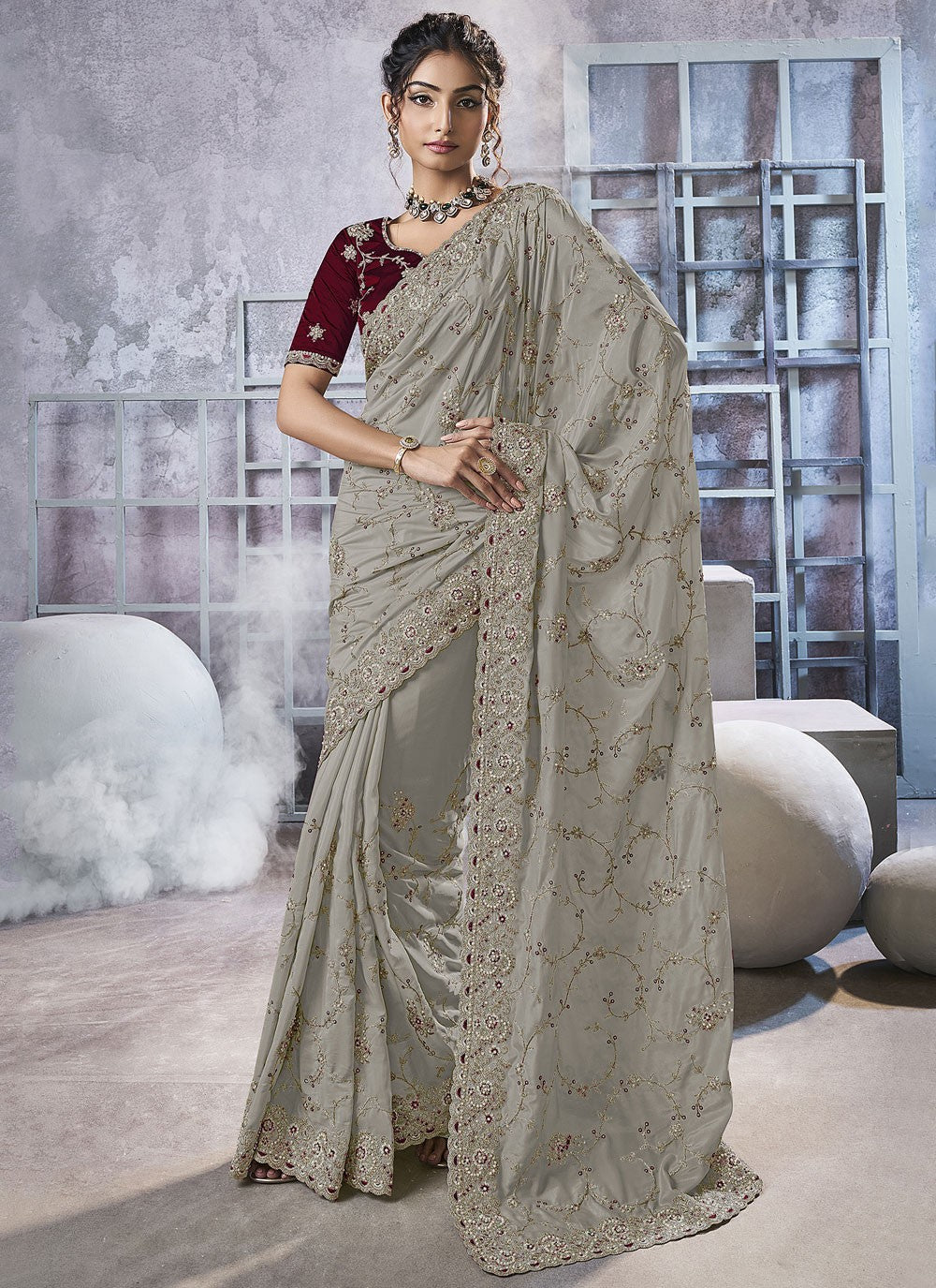 Grey Georgette Designer Saree Beads, Cord, Embroidered, Thread, Zari S15787