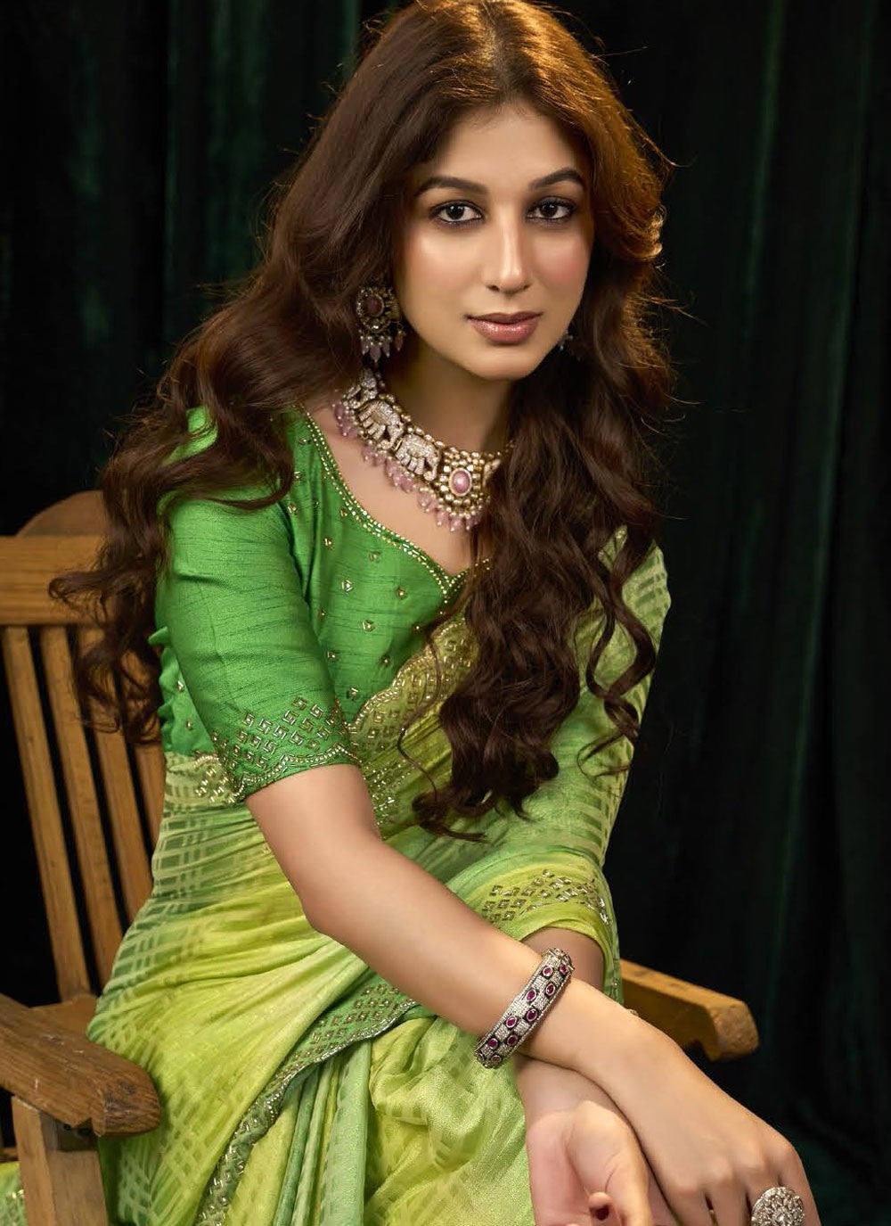 Green Silk Traditional Saree Beads, Border Work, Thread S19292