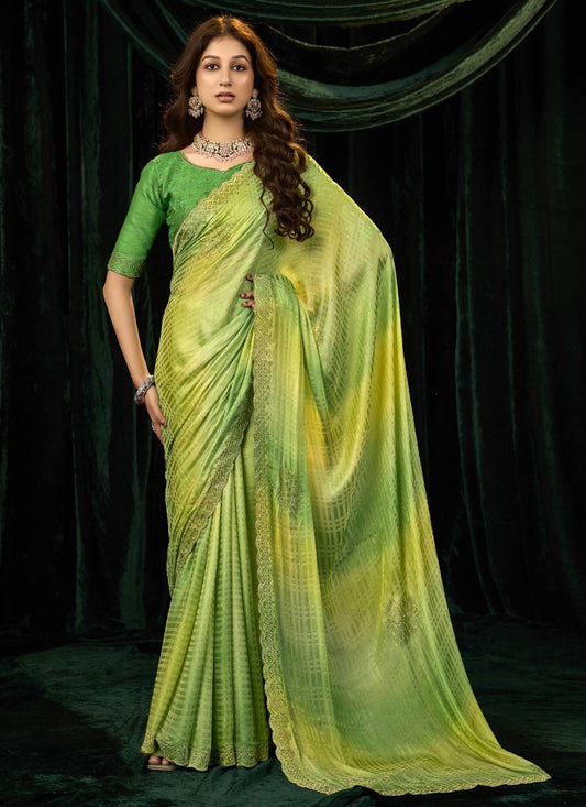 Green Silk Traditional Saree Beads, Border Work, Thread S19292