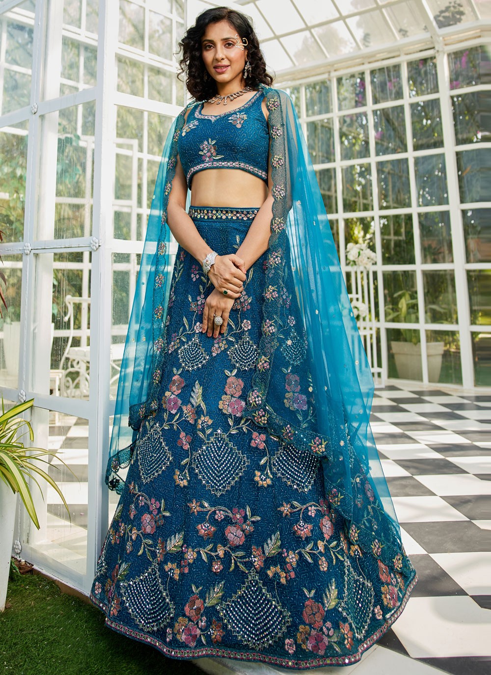 Beads Net Navy Blue Lehenga - L3383