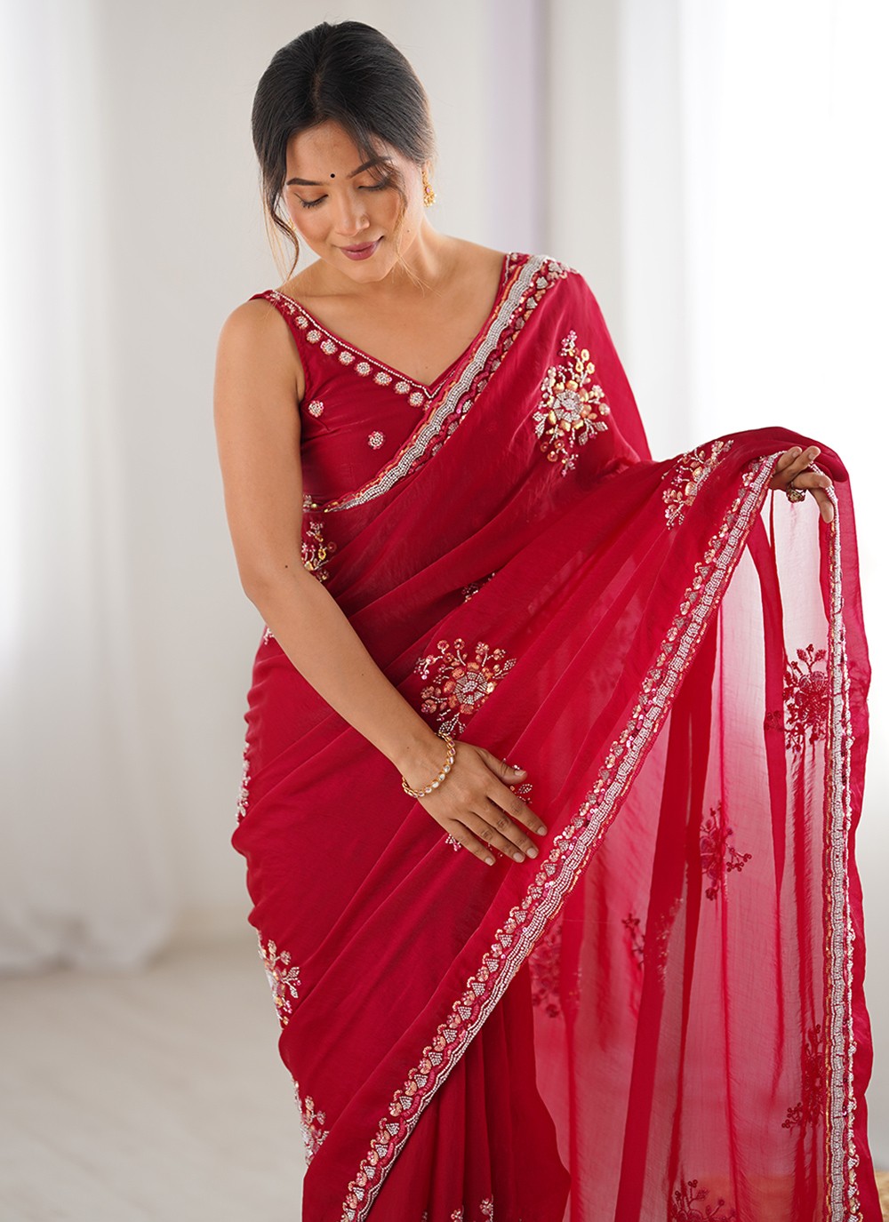 Red Satin Contemporary Saree Beads, Hand Embroidery S15795