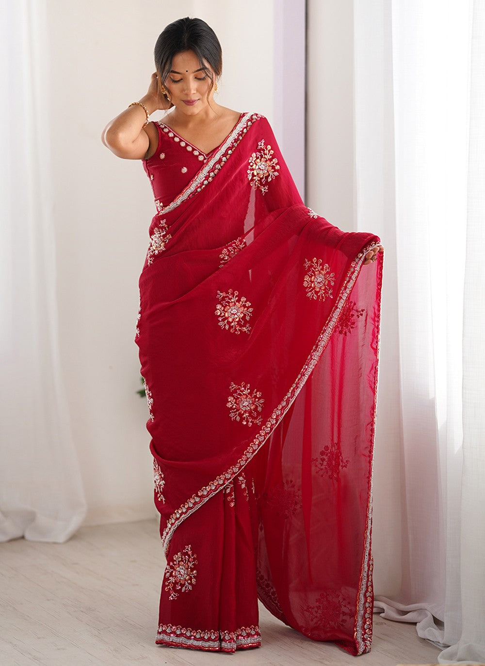 Red Satin Contemporary Saree Beads, Hand Embroidery S15795
