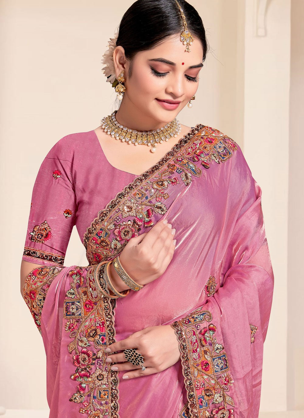 Trendy Saree Beads Hot Pink Silk Saree S13079