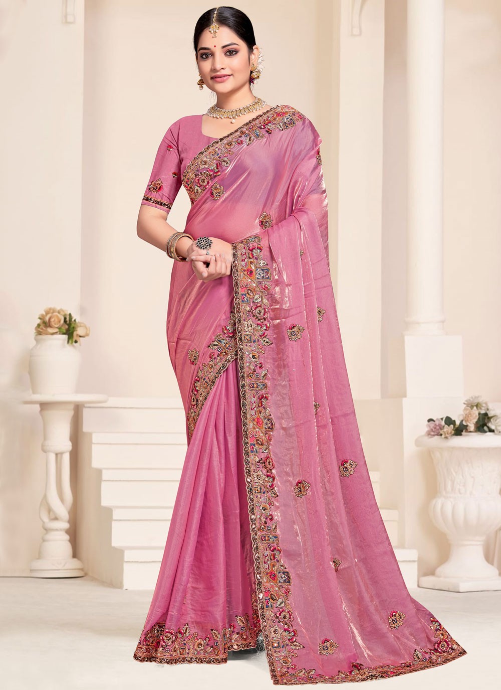 Trendy Saree Beads Hot Pink Silk Saree S13079