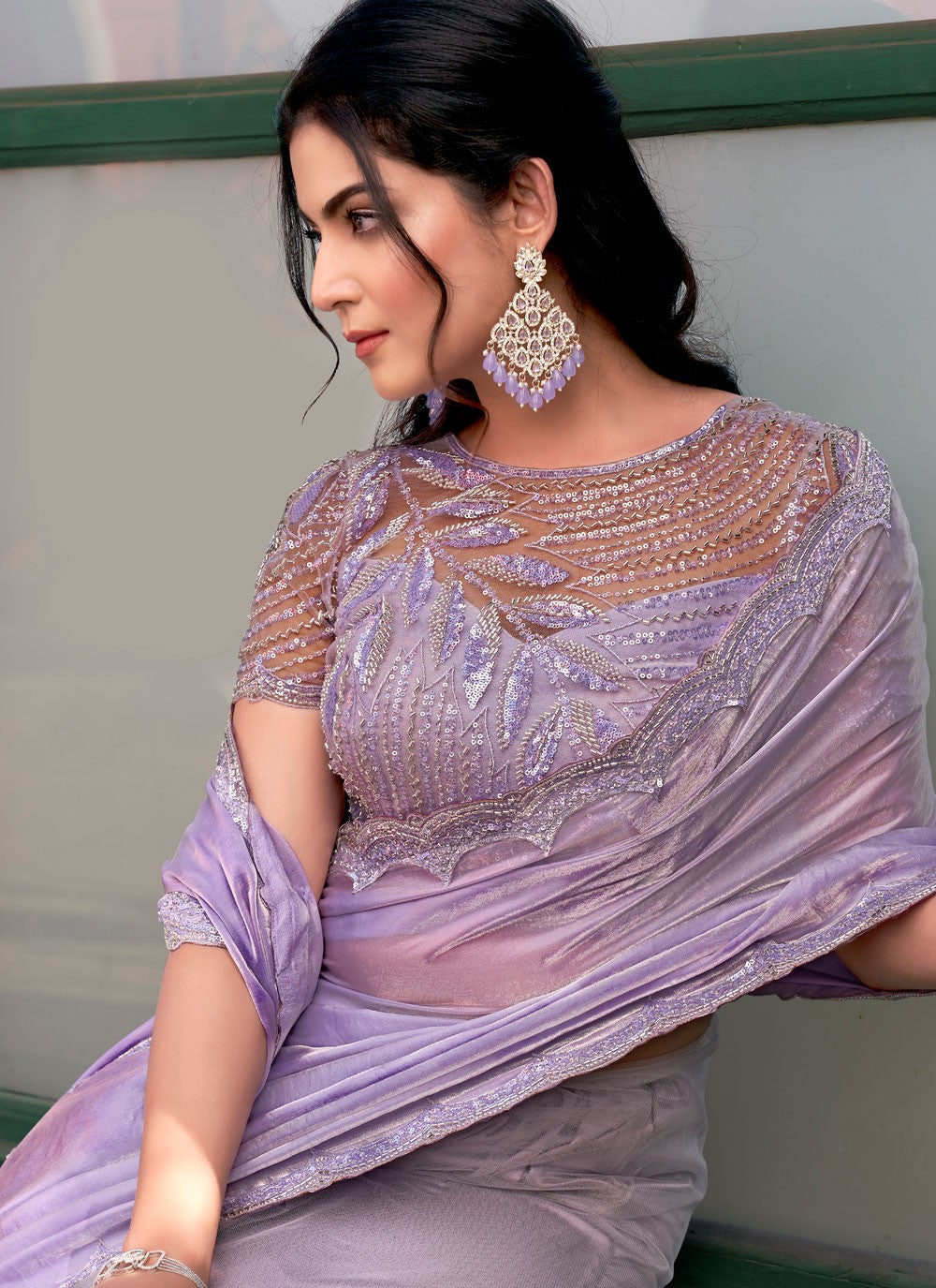Beads Fancy Fabric Lavender Saree S13835