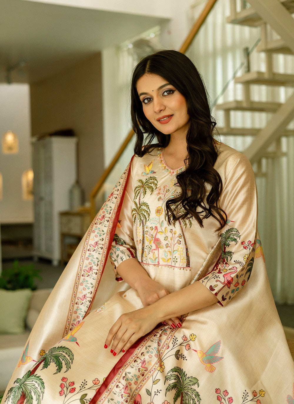 Pant Style Suit Beads, Printed Beige T7377