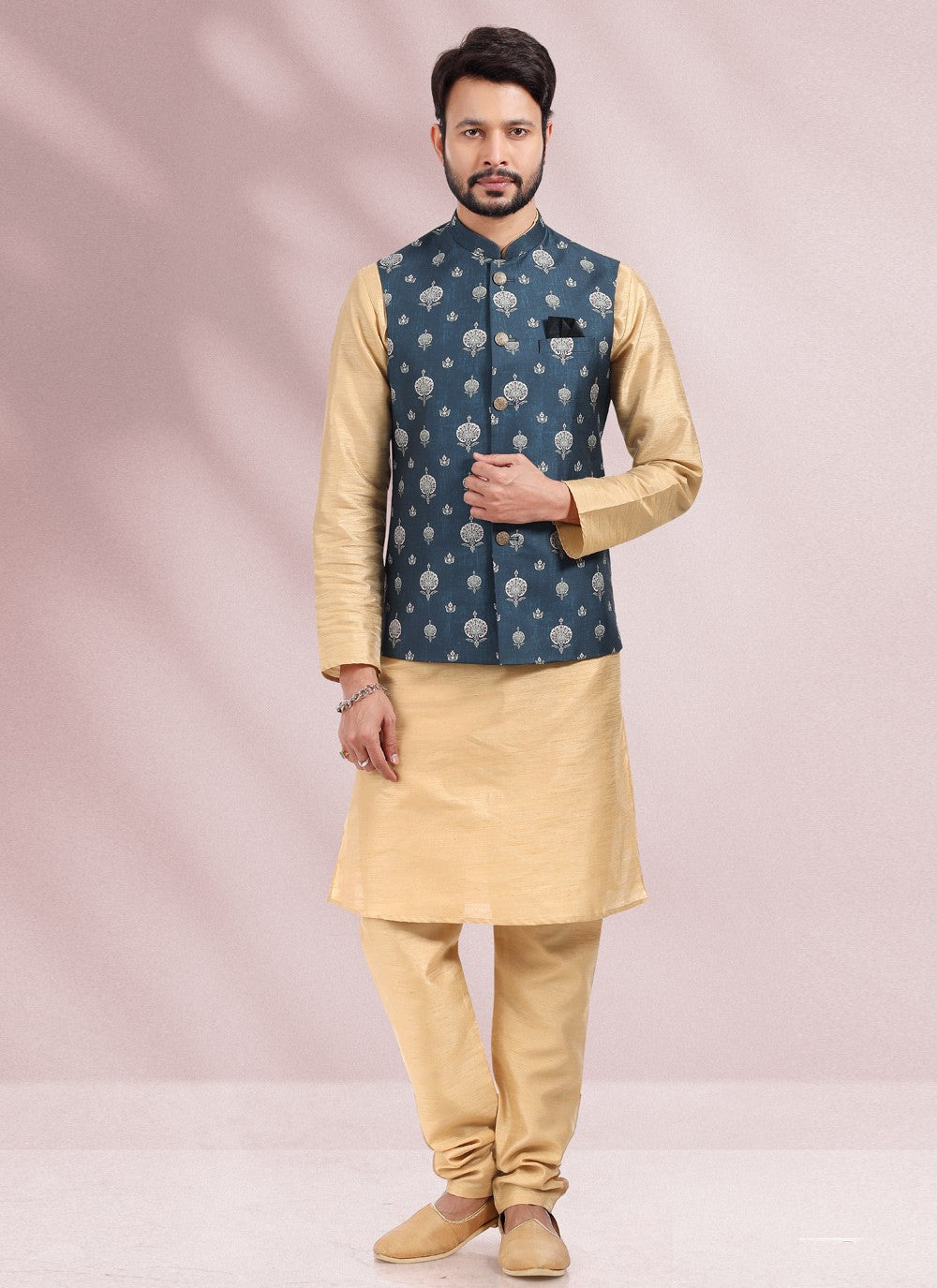 Printed Banarasi Silk Beige, Blue Kurta Payjama With Jacket - M4579