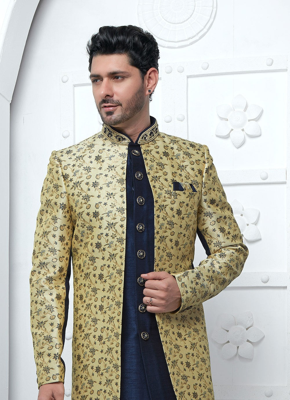Embroidered Jacquard Silk Beige, Blue Indo Western - M6620