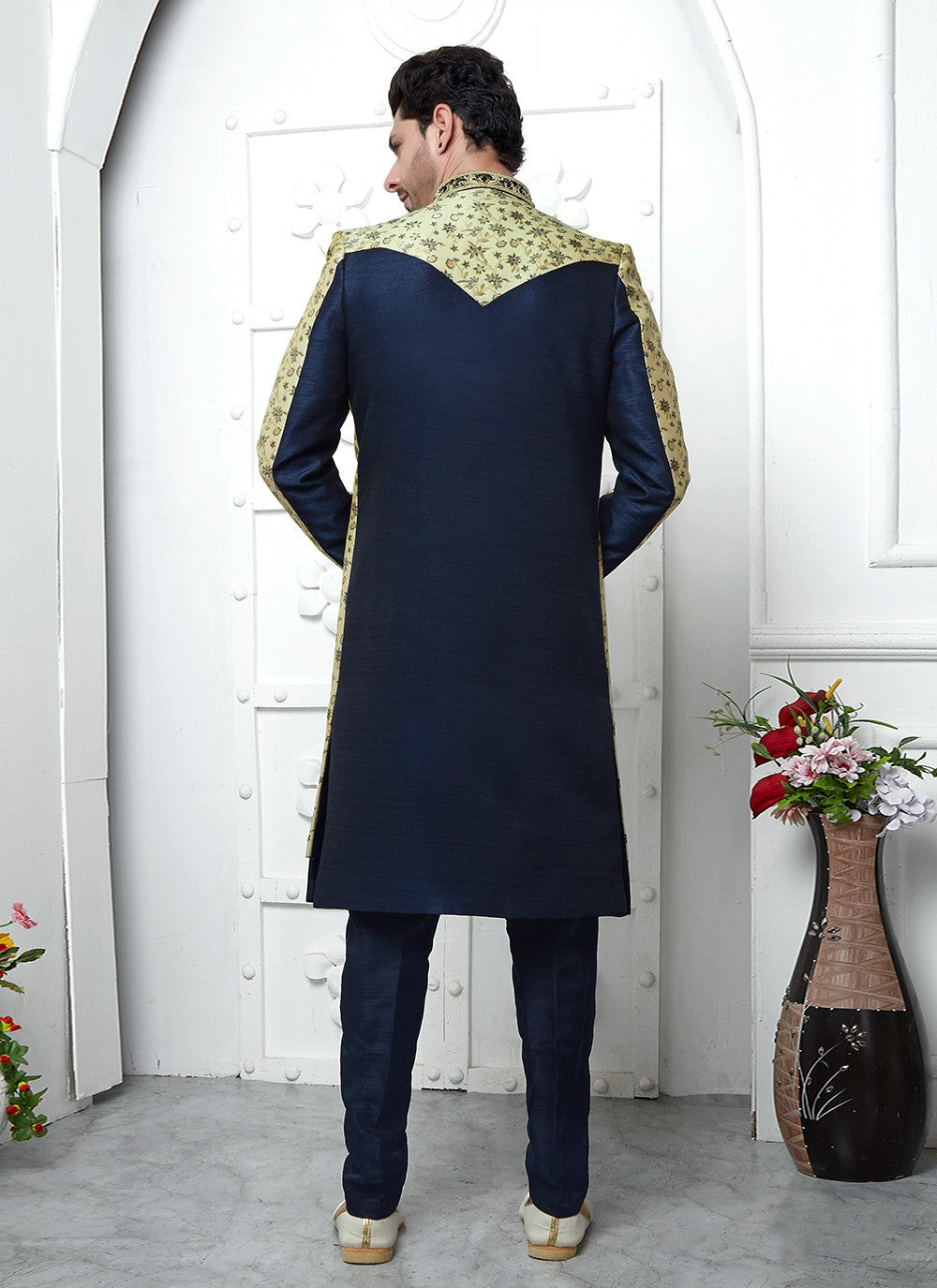 Embroidered Jacquard Silk Beige, Blue Indo Western - M6620