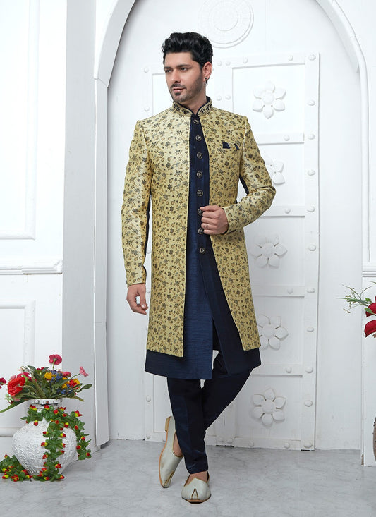 Embroidered Jacquard Silk Beige, Blue Indo Western - M6620