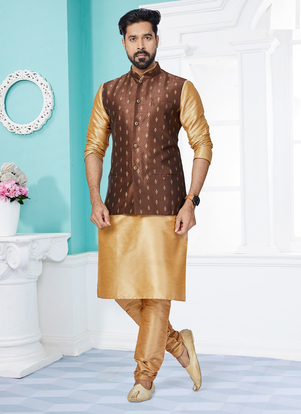 Fancy Work Dupion Silk Beige, Brown Kurta Payjama With Jacket - M5510