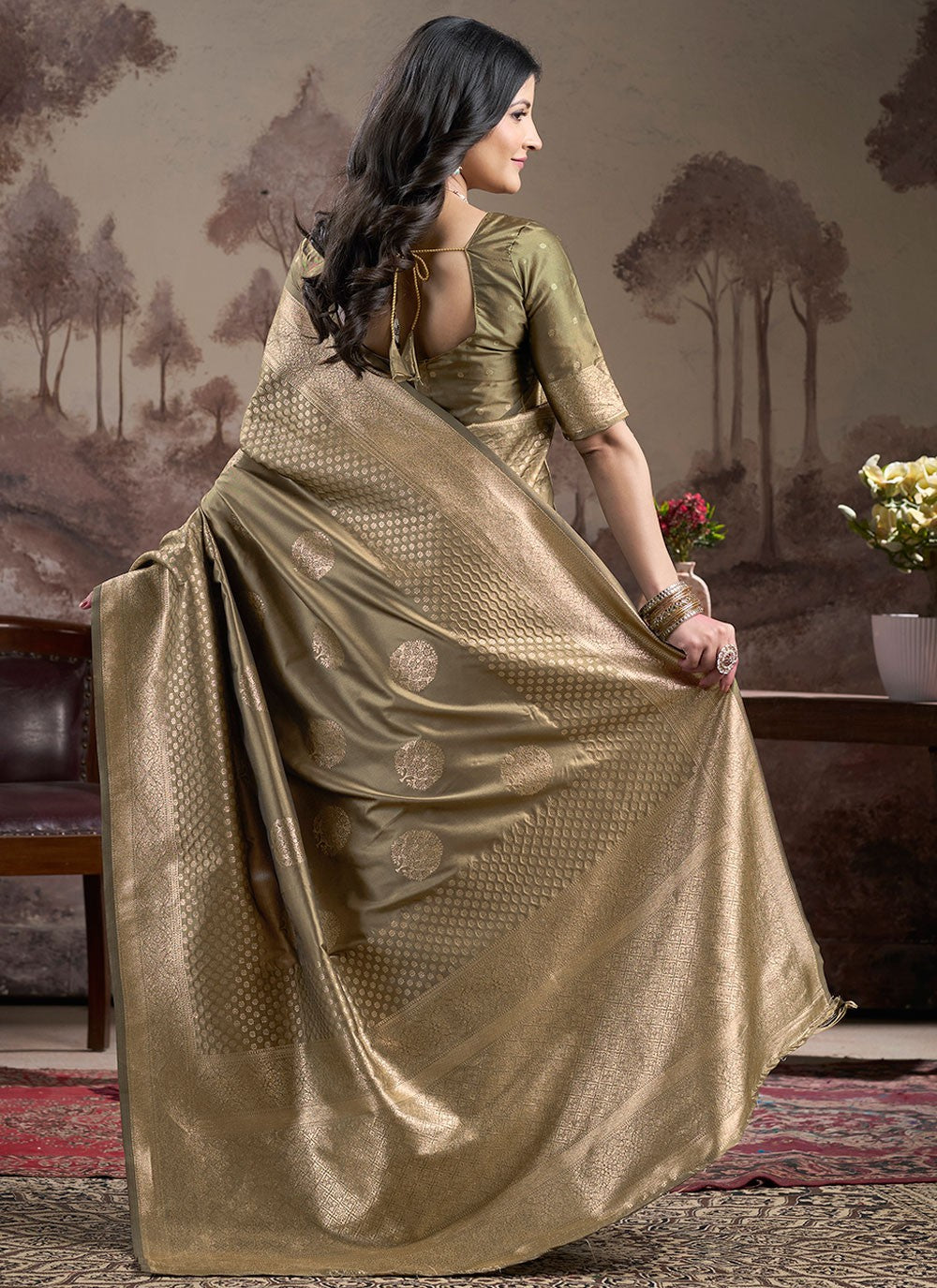 Contemporary Jacquard Work Beige, Brown Jacquard Silk S12590