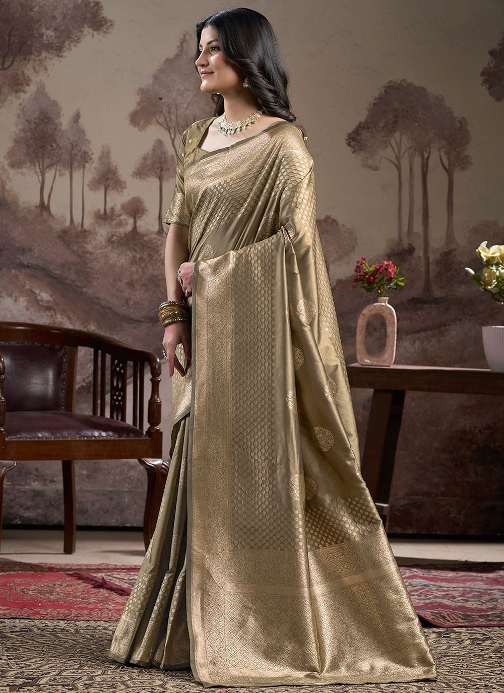 Contemporary Jacquard Work Beige, Brown Jacquard Silk Saree S12590