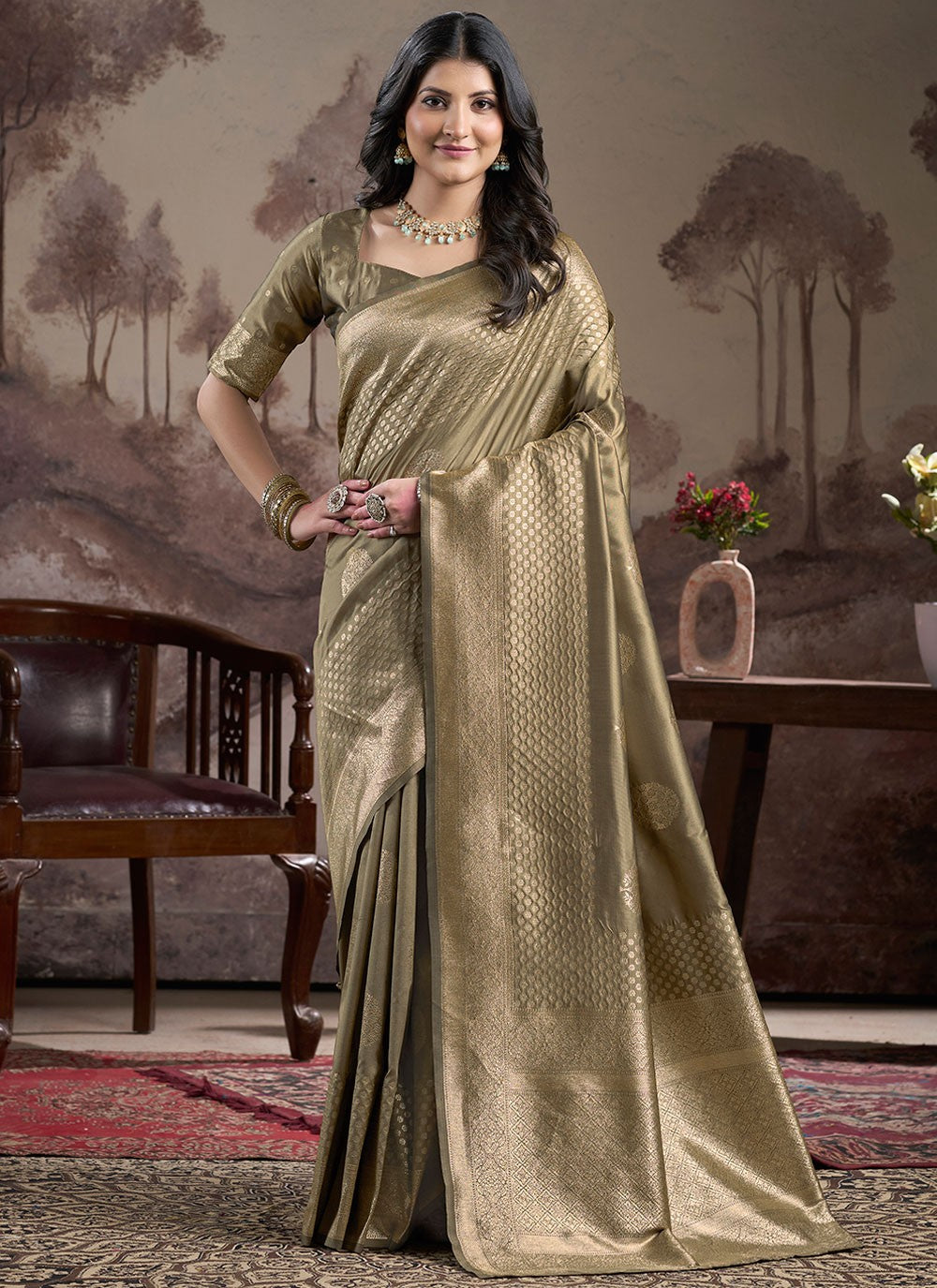 Contemporary Jacquard Work Beige, Brown Jacquard Silk Saree S12590