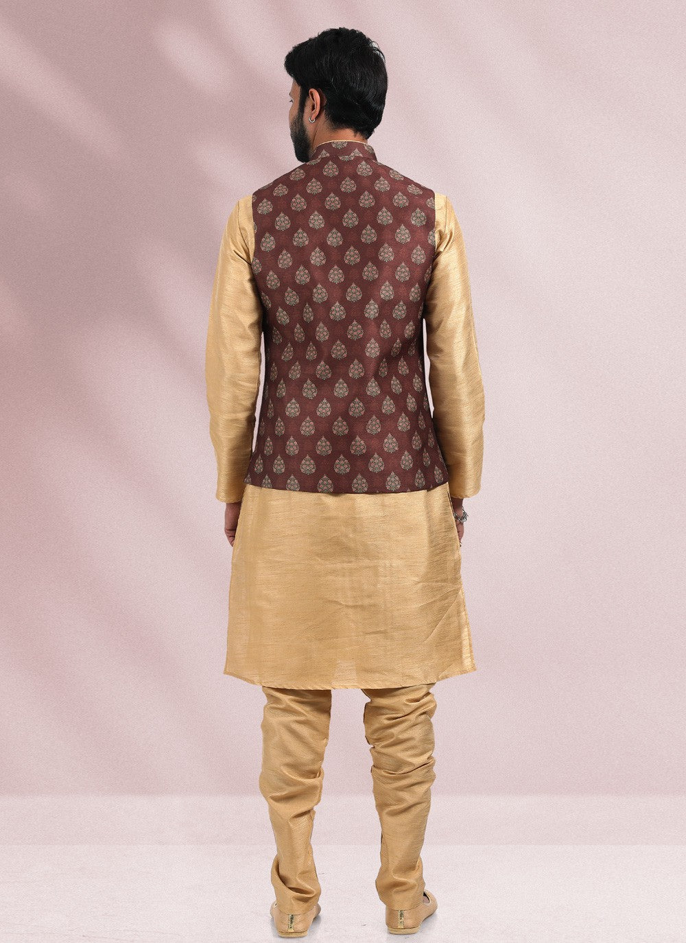 Printed Banarasi Silk Beige, Brown Kurta Payjama With Jacket - M4585