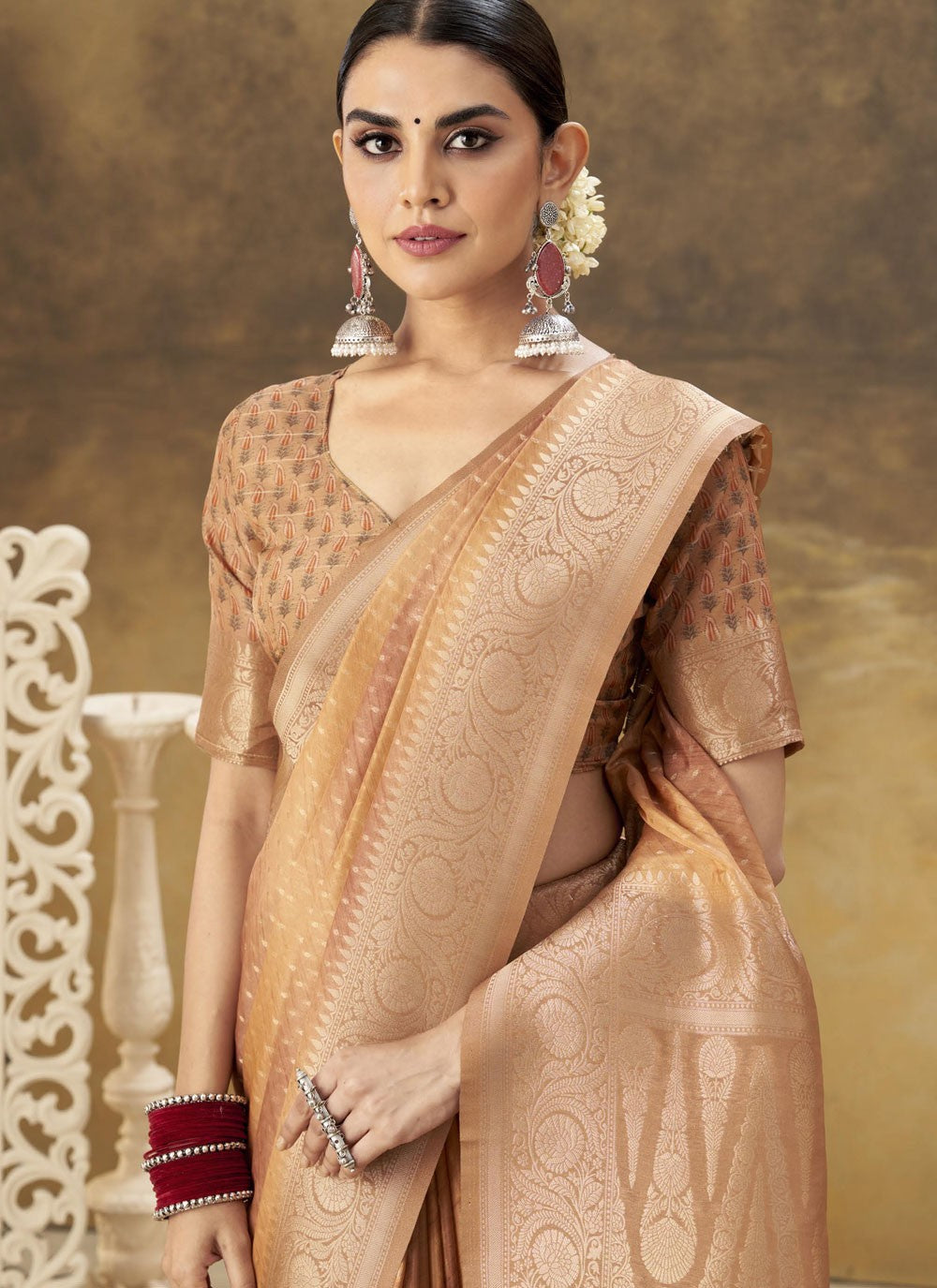 Designer Weaving Zari Beige, Brown Silk Saree S13314