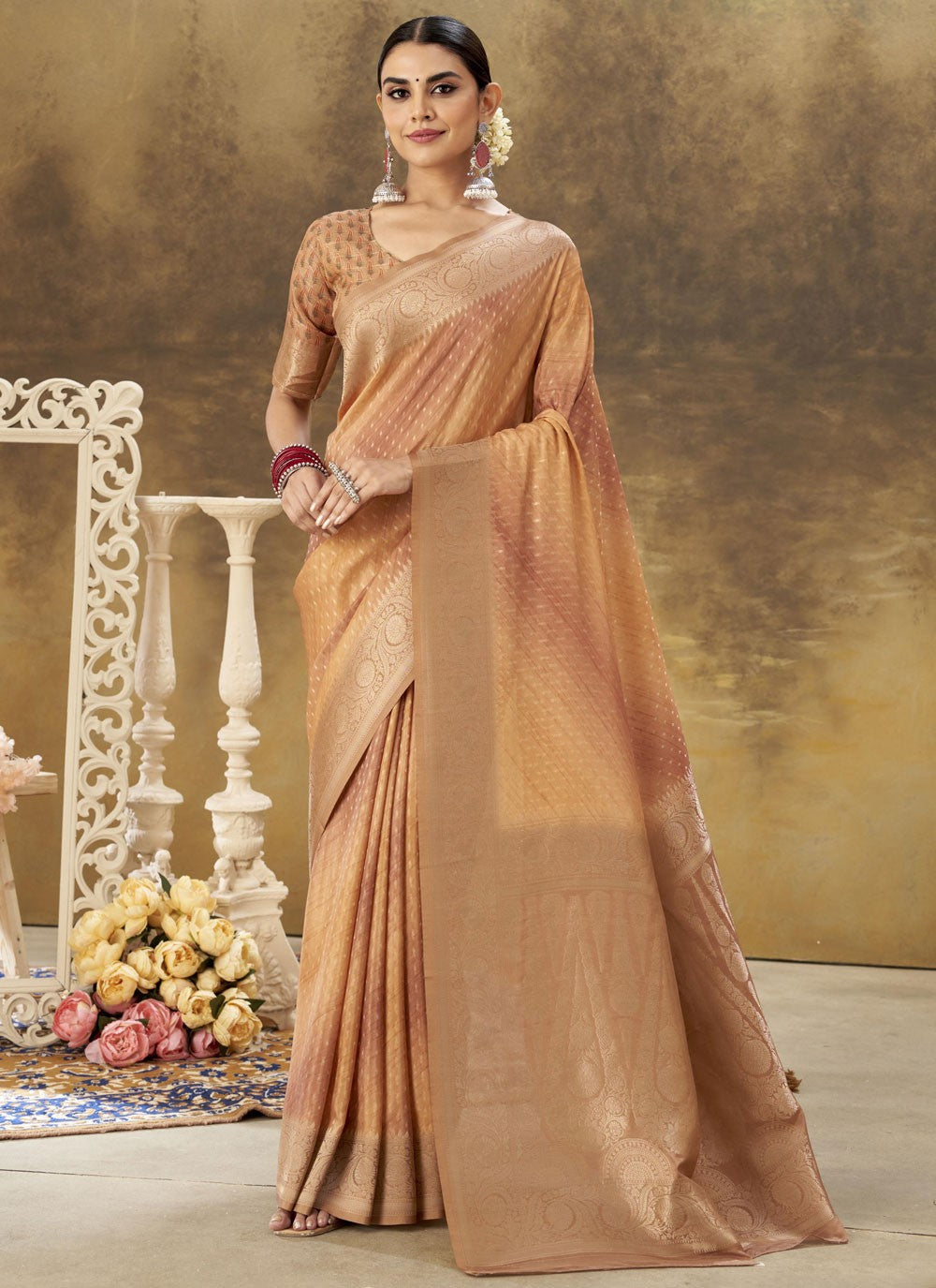 Designer Weaving Zari Beige, Brown Silk Saree S13314