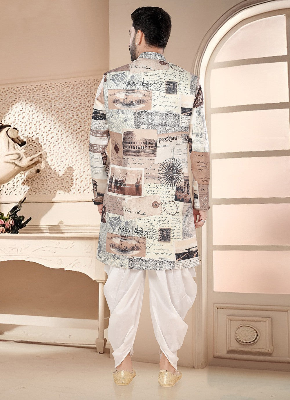 Digital Print Velvet Beige, Brown Sherwani - M7563