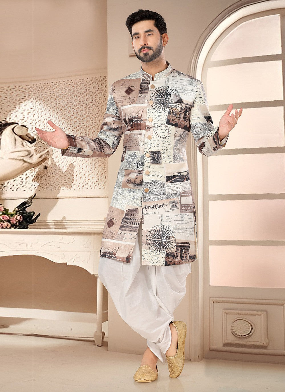 Digital Print Velvet Beige, Brown Sherwani - M7563