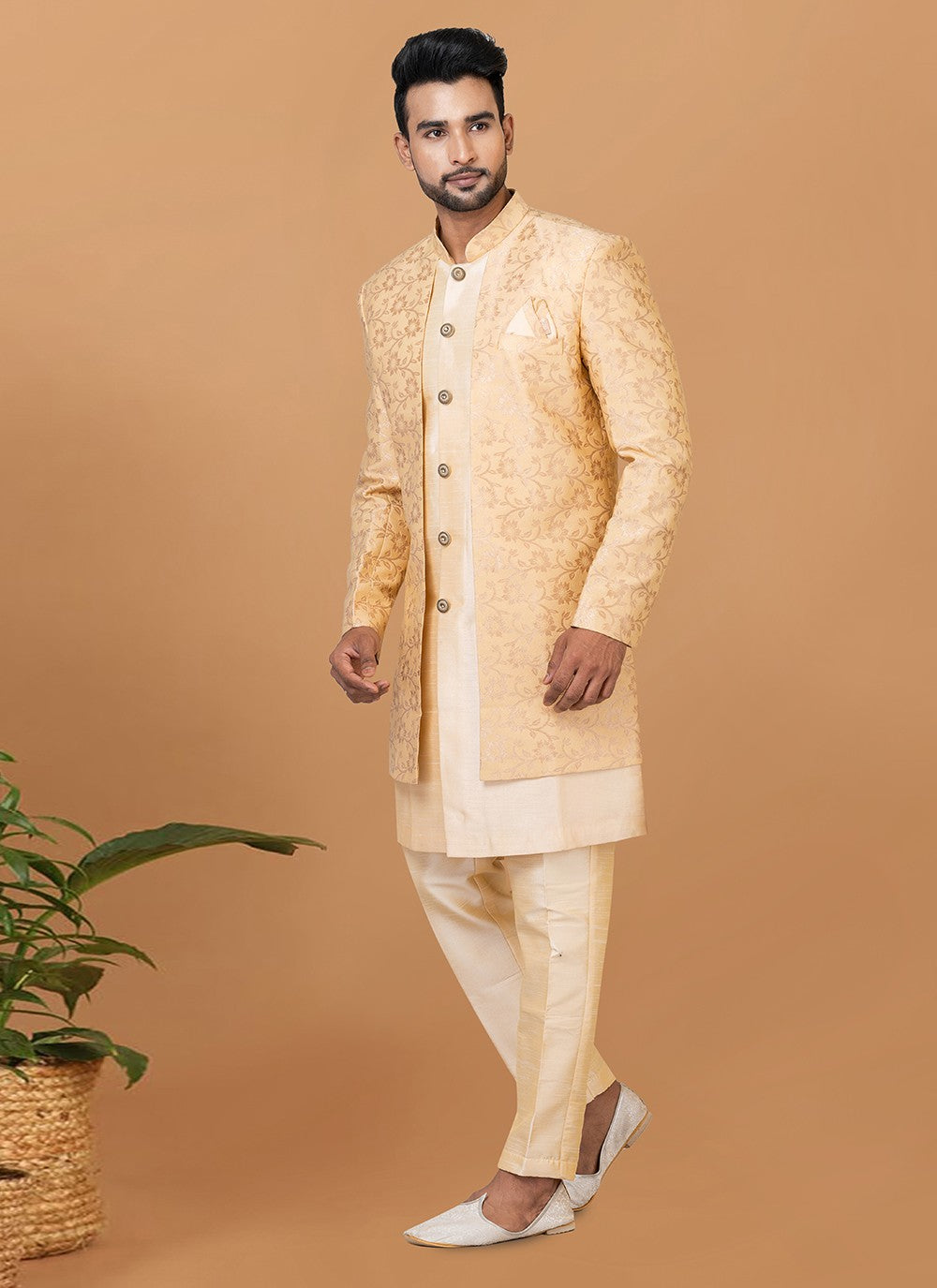 Fancy Work Dupion Silk, Jacquard Silk Beige, Cream Indo Western Sherwani - M5976