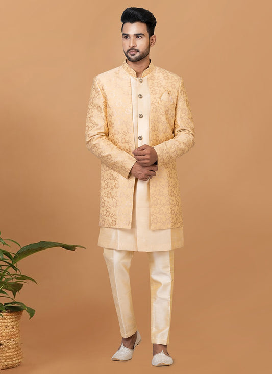 Fancy Work Dupion Silk, Jacquard Silk Beige, Cream Indo Western Sherwani - M5976