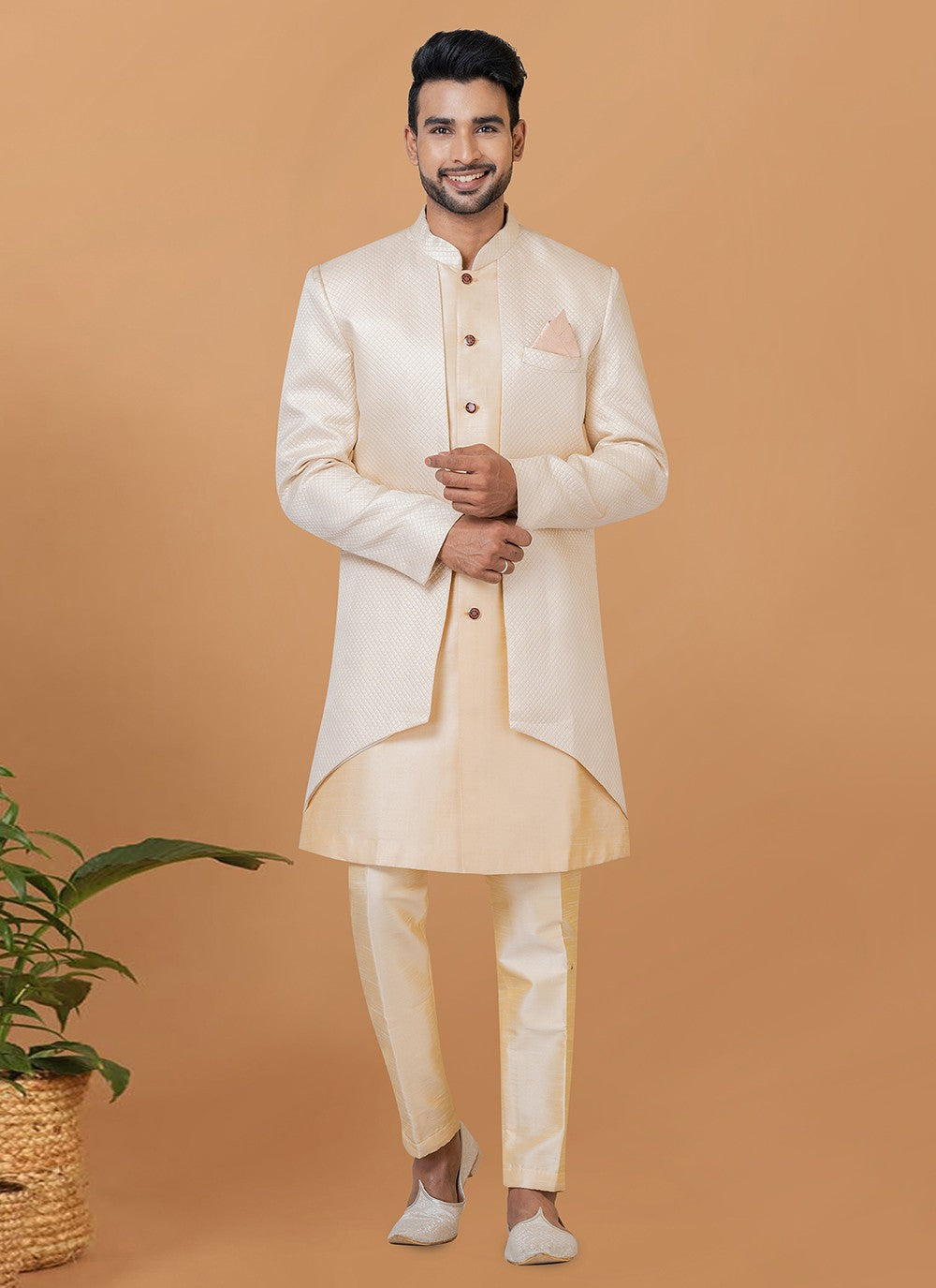 Fancy Work Dupion Silk, Jacquard Silk Beige, Cream Indo Western Sherwani - M5975