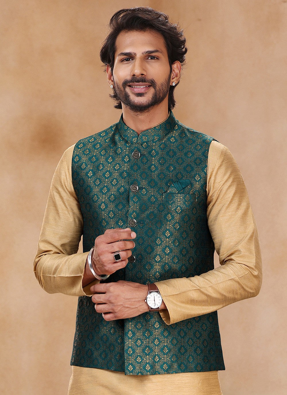 Fancy Work Banarasi Silk, Jacquard Beige, Green Kurta Payjama With Jacket - M5366