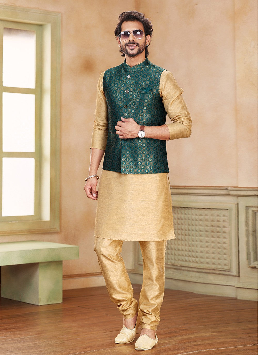 Fancy Work Banarasi Silk, Jacquard Beige, Green Kurta Payjama With Jacket - M5366
