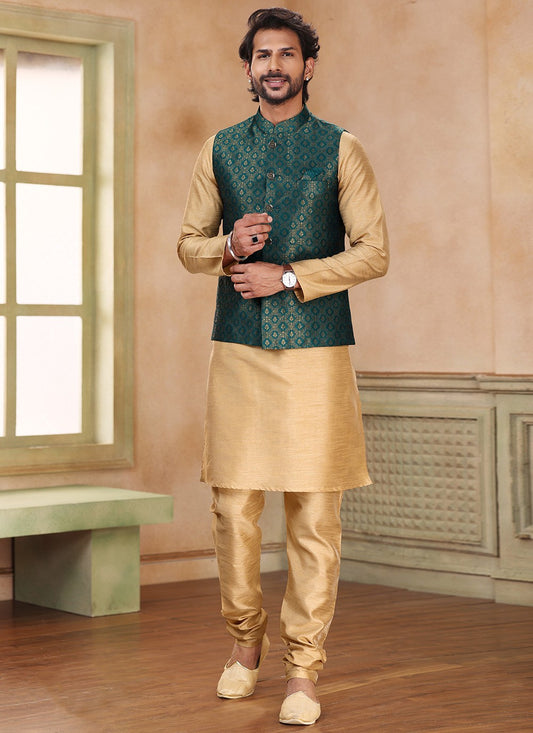 Fancy Work Banarasi Silk, Jacquard Beige, Green Kurta Payjama With Jacket - M5366