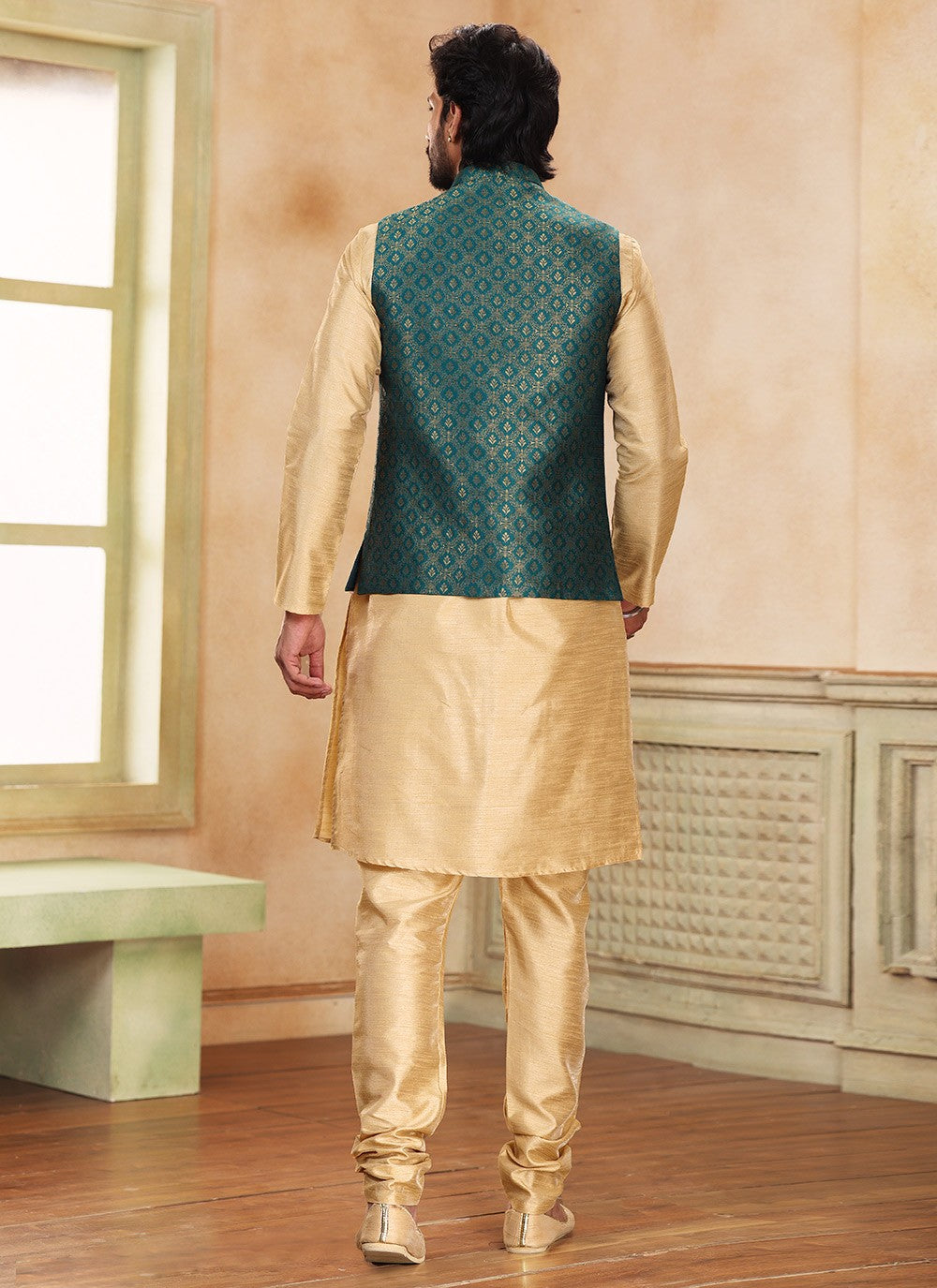 Fancy Work Banarasi Silk, Jacquard Beige, Green Kurta Payjama With Jacket - M5366