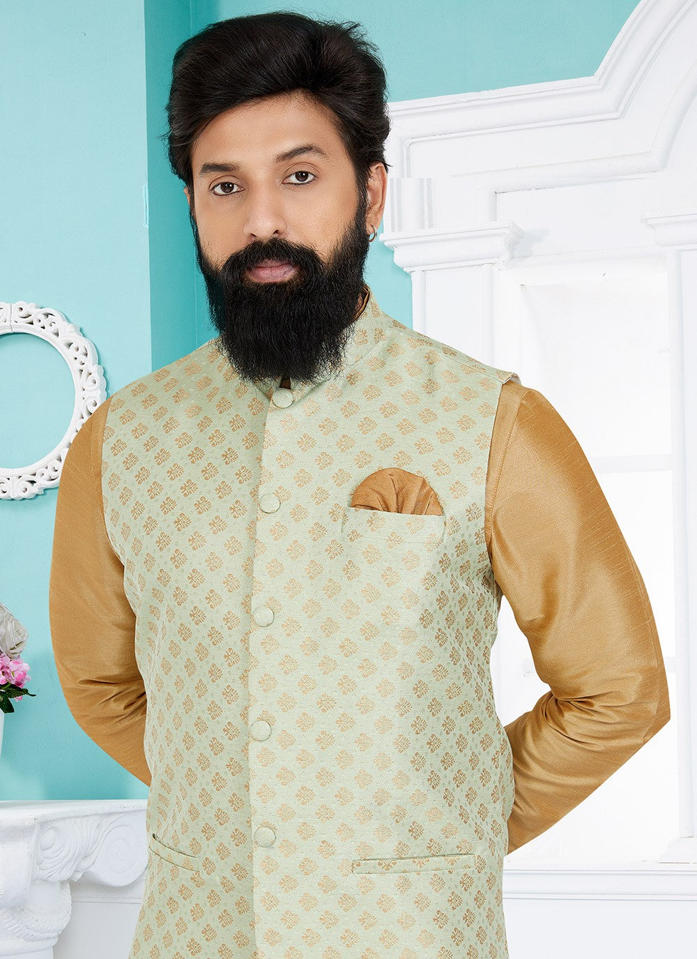 Fancy Work Jacquard Beige, Green Kurta Payjama With Jacket - M5511