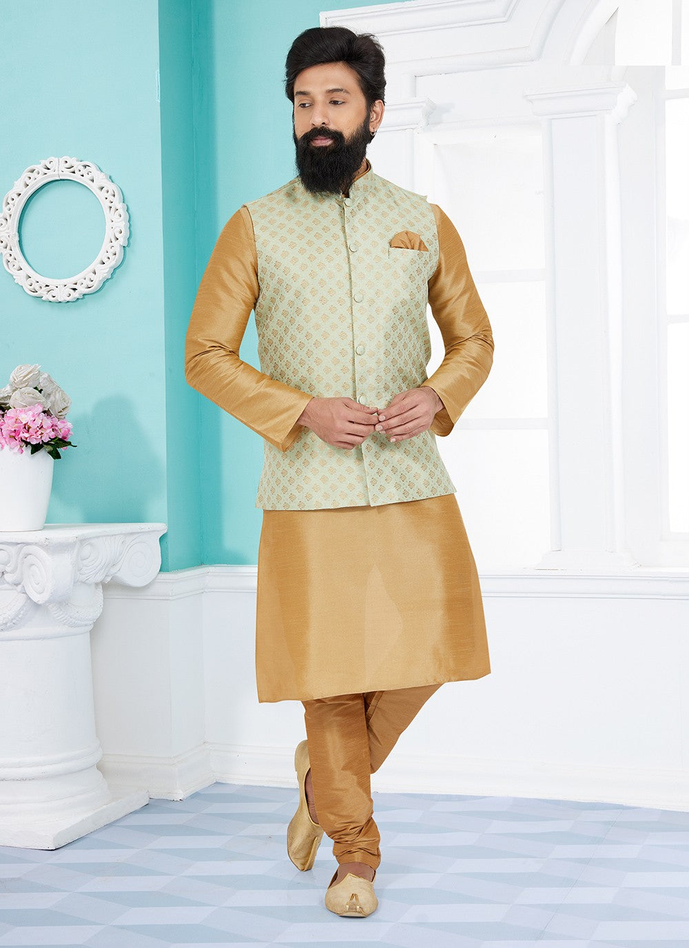 Fancy Work Jacquard Beige, Green Kurta Payjama With Jacket - M5511