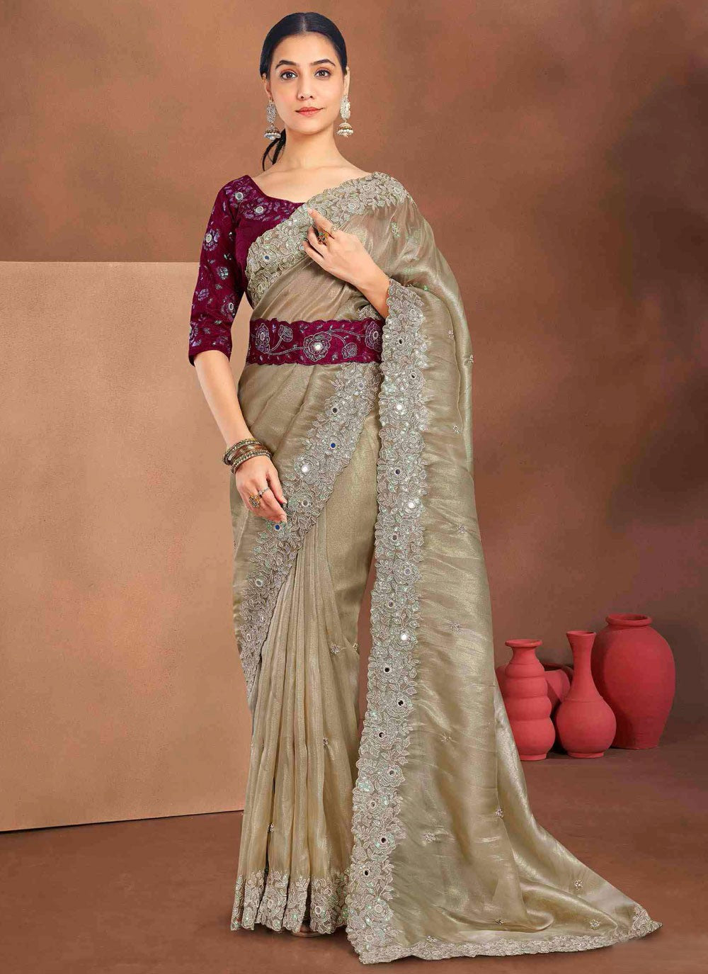 Classic Saree Embroidered Beige, Grey Silk Saree S13393