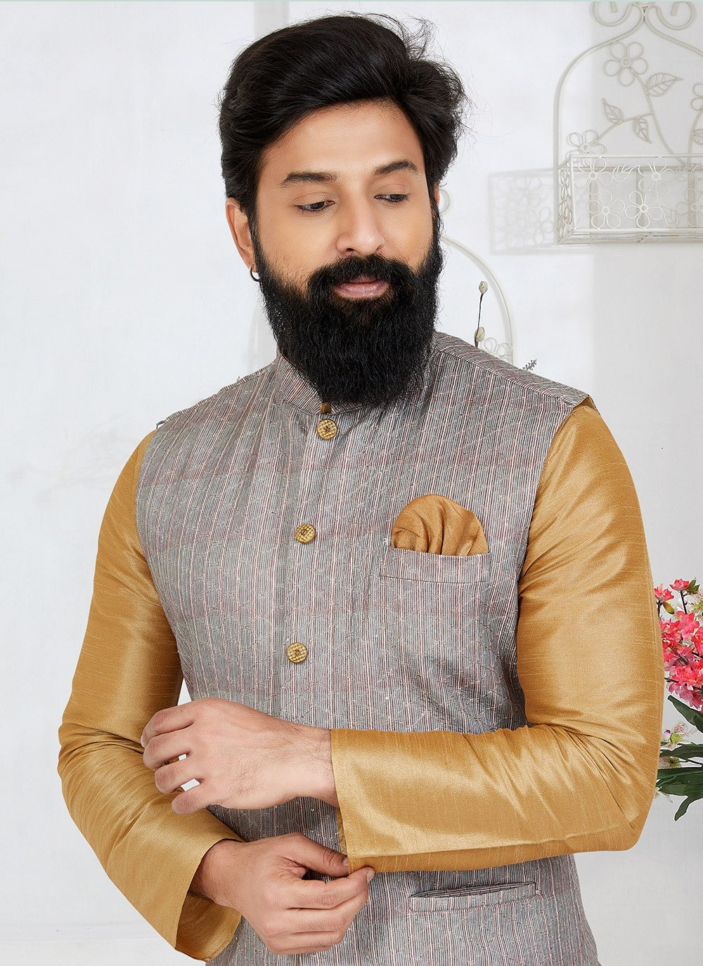 Embroidered Banarasi Silk, Polyester Beige, Grey Kurta Payjama With Jacket - M5535
