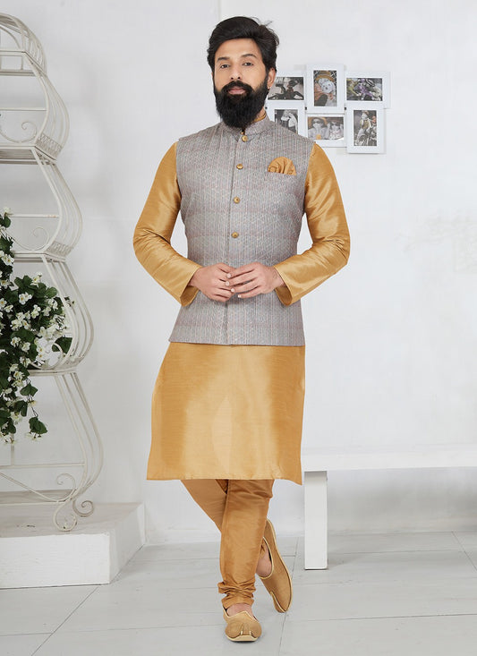 Embroidered Banarasi Silk, Polyester Beige, Grey Kurta Payjama With Jacket - M5535