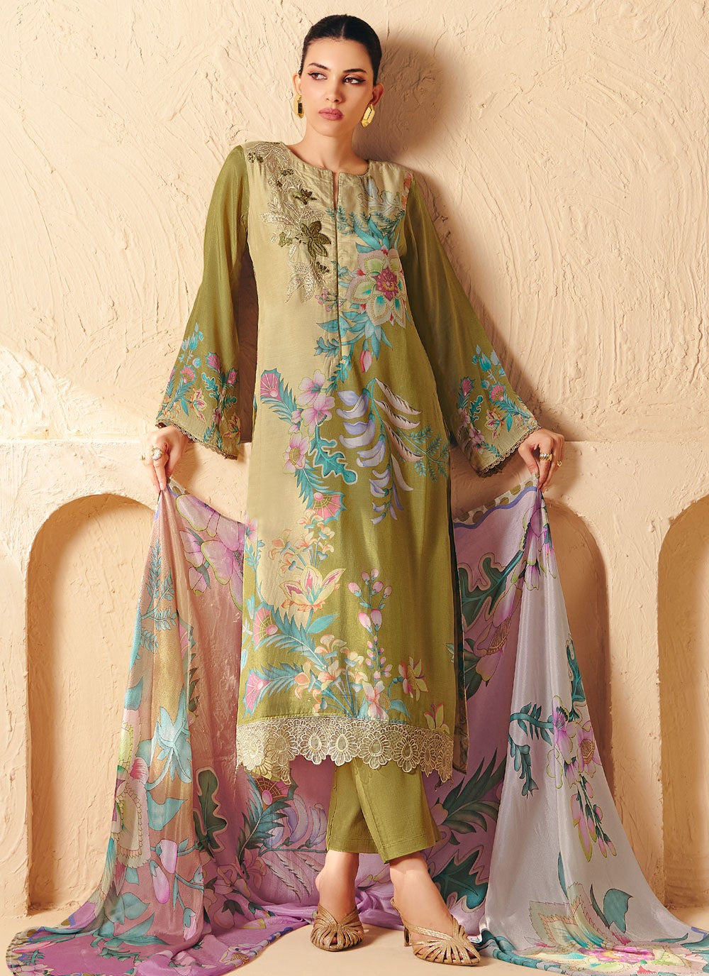 Pant Style Suit Digital Print, Embroidered, Patch, Resham Beige T8294