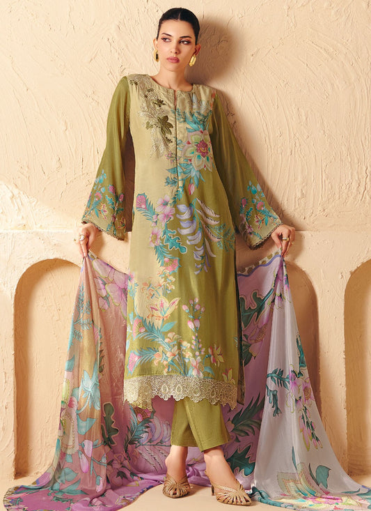Pant Style Suit Digital Print, Embroidered, Patch, Resham Beige T8294