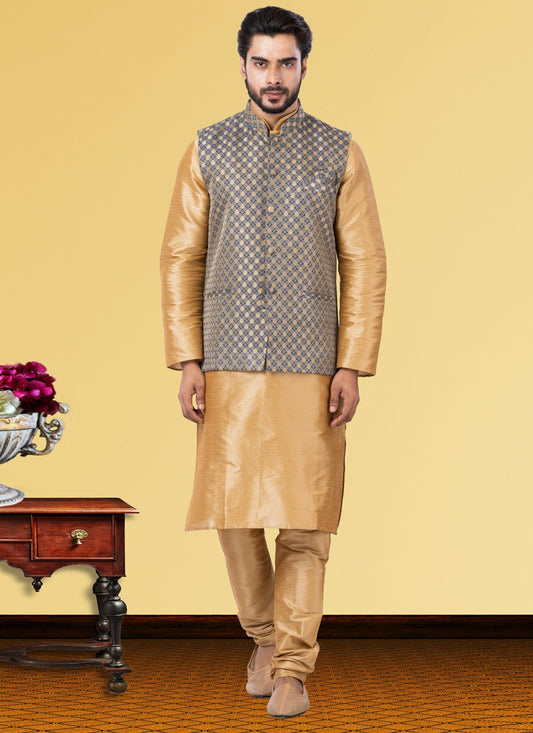 Jacquard Work Dupion Silk, Jacquard Silk Beige, Grey Kurta Payjama With Jacket - M3761