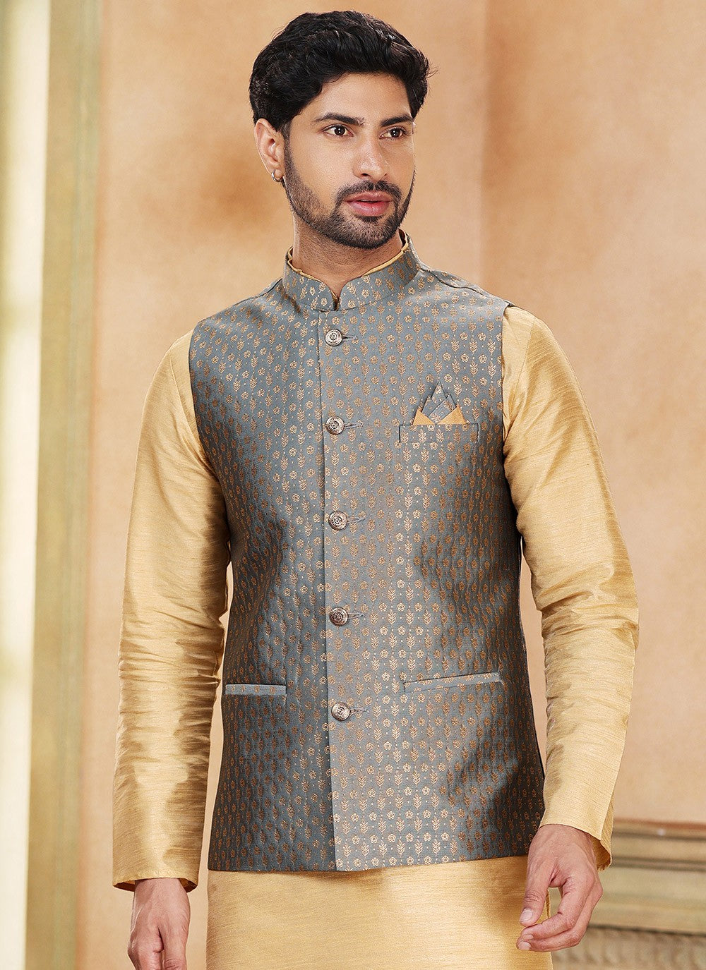 Fancy Work Banarasi Silk, Jacquard Beige, Grey Kurta Payjama With Jacket - M5361