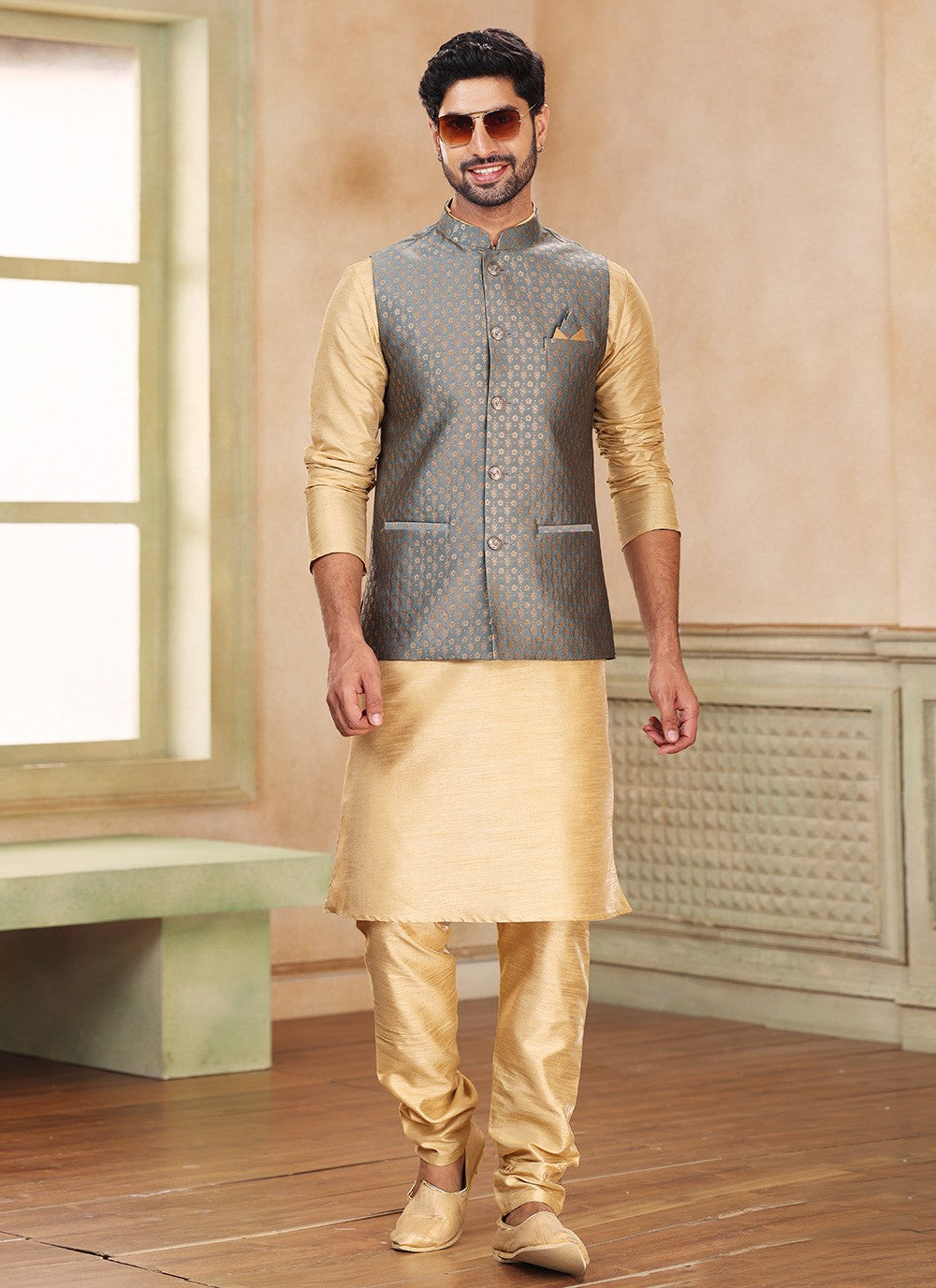 Fancy Work Banarasi Silk, Jacquard Beige, Grey Kurta Payjama With Jacket - M5361