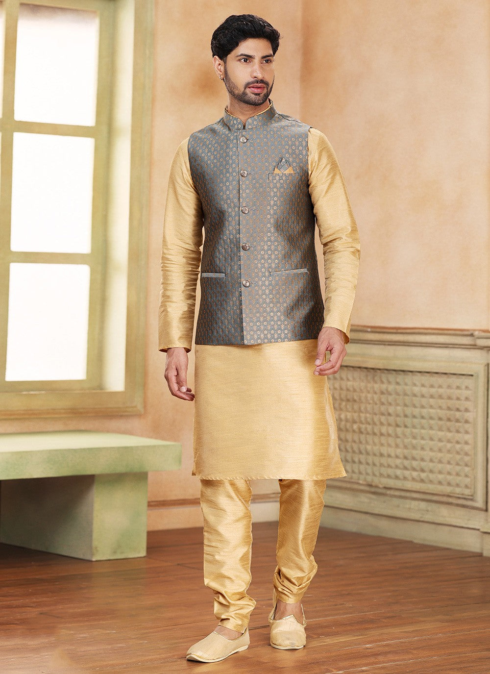 Fancy Work Banarasi Silk, Jacquard Beige, Grey Kurta Payjama With Jacket - M5361