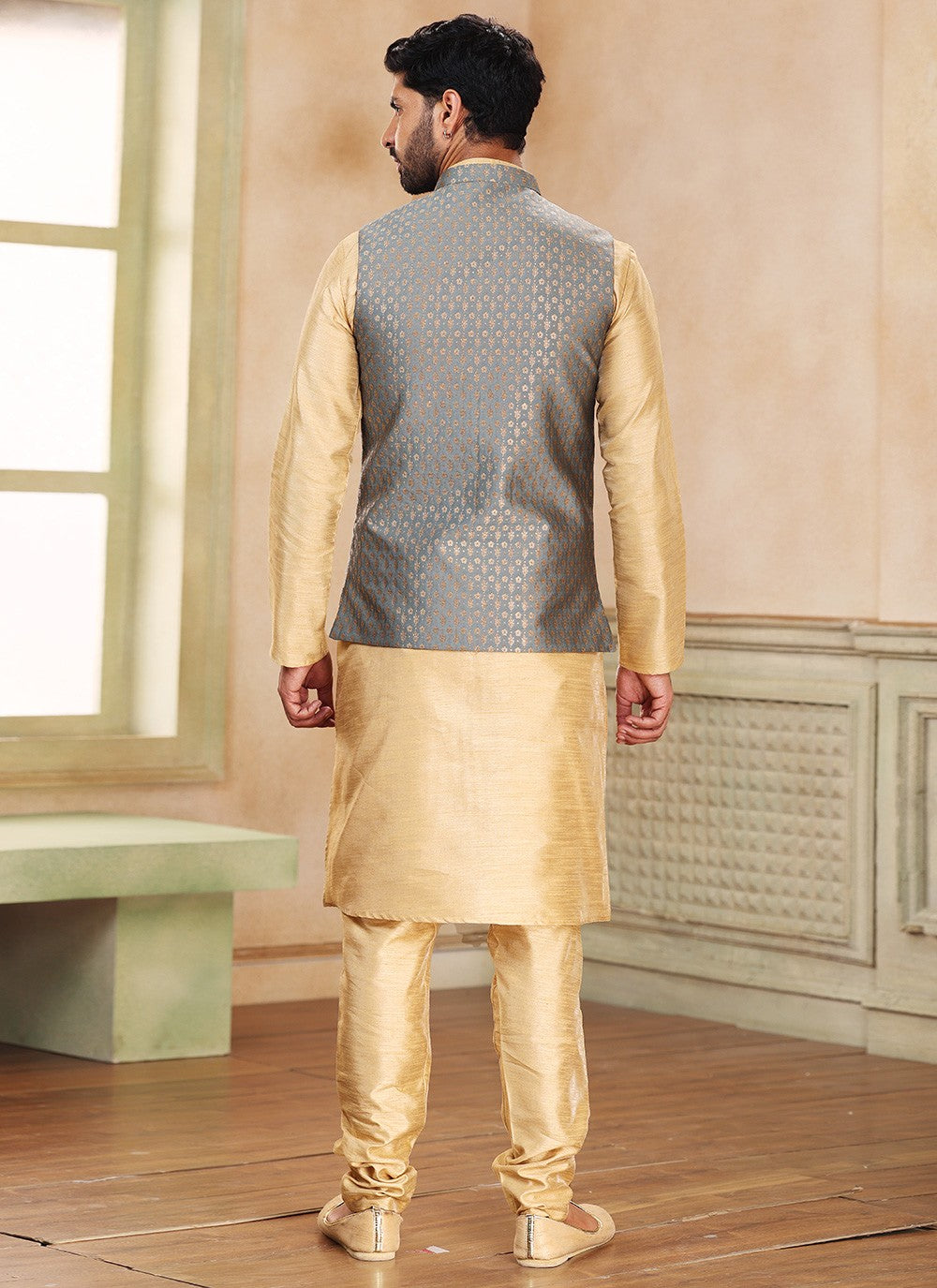 Fancy Work Banarasi Silk, Jacquard Beige, Grey Kurta Payjama With Jacket - M5361