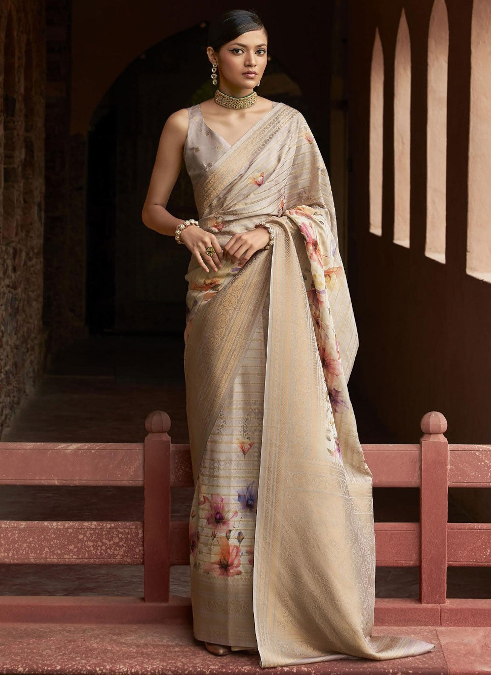 Classic Saree Digital Print Beige, Grey Tussar Silk Saree S13234