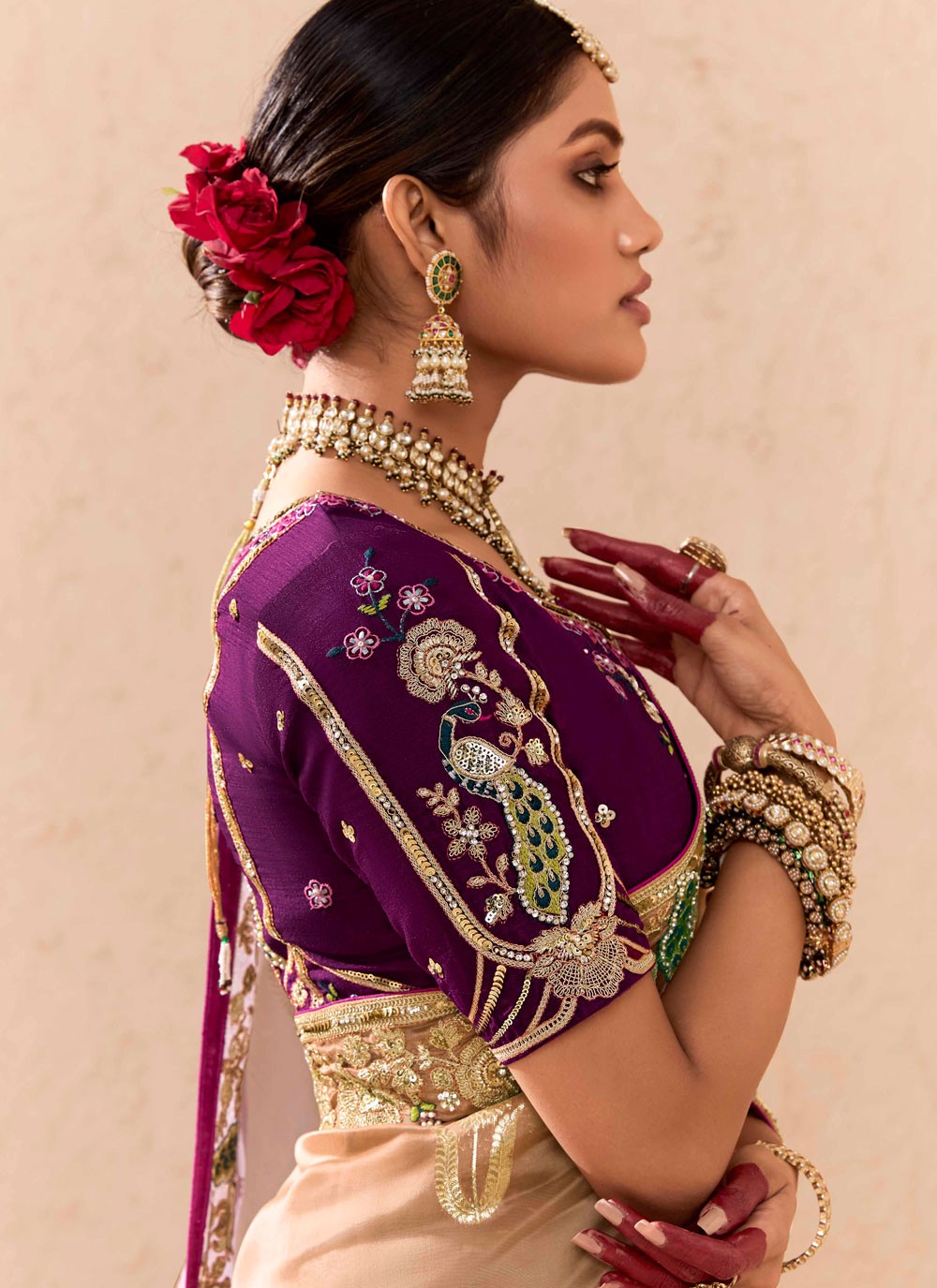 Traditional Embroidered Beige, Lavender Silk Saree S13658