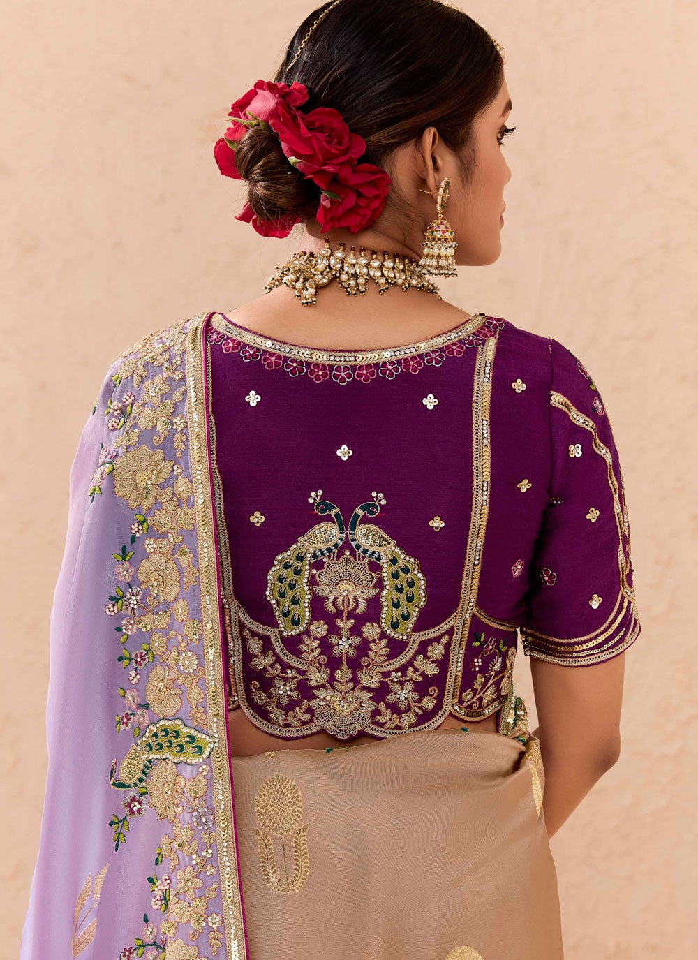 Traditional Embroidered Beige, Lavender Silk Saree S13658