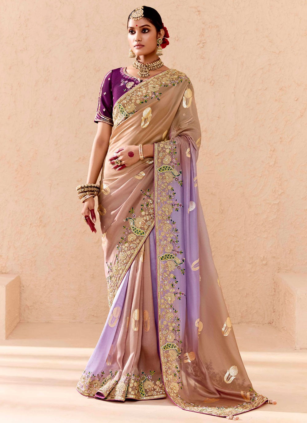 Traditional Embroidered Beige, Lavender Silk Saree S13658