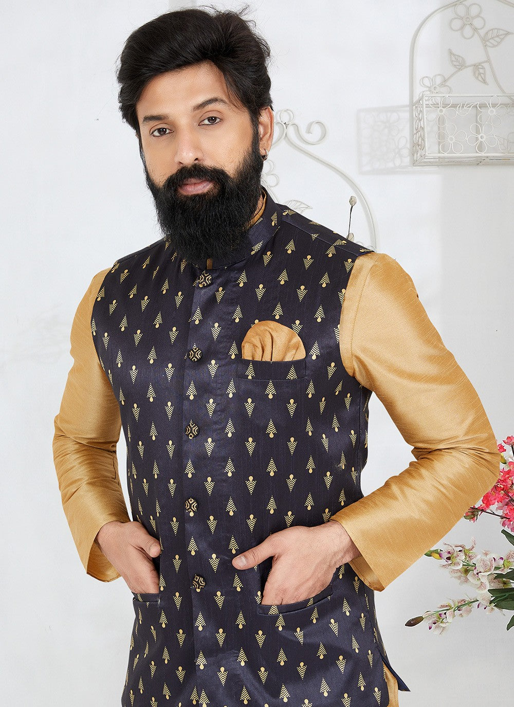 Fancy Work Dupion Silk Beige, Navy Blue Kurta Payjama With Jacket - M5506