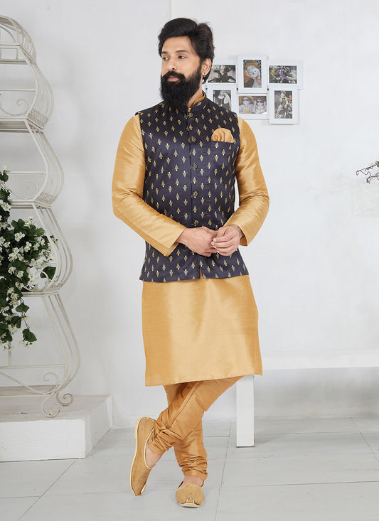 Fancy Work Dupion Silk Beige, Navy Blue Kurta Payjama With Jacket - M5506