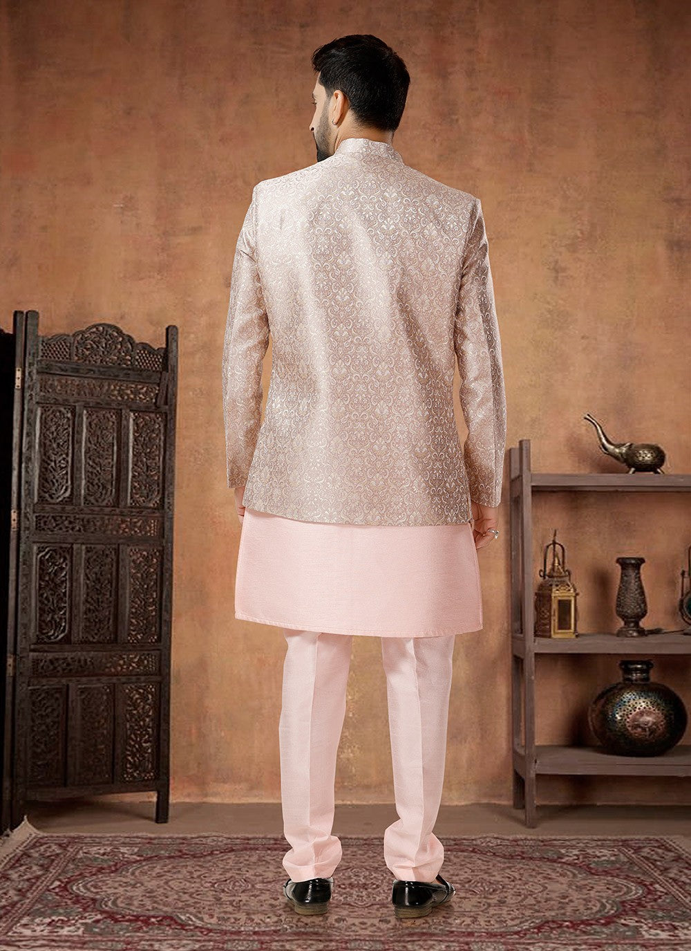 Embroidered Jacquard, Silk Beige, Pink Indo Western - M7035