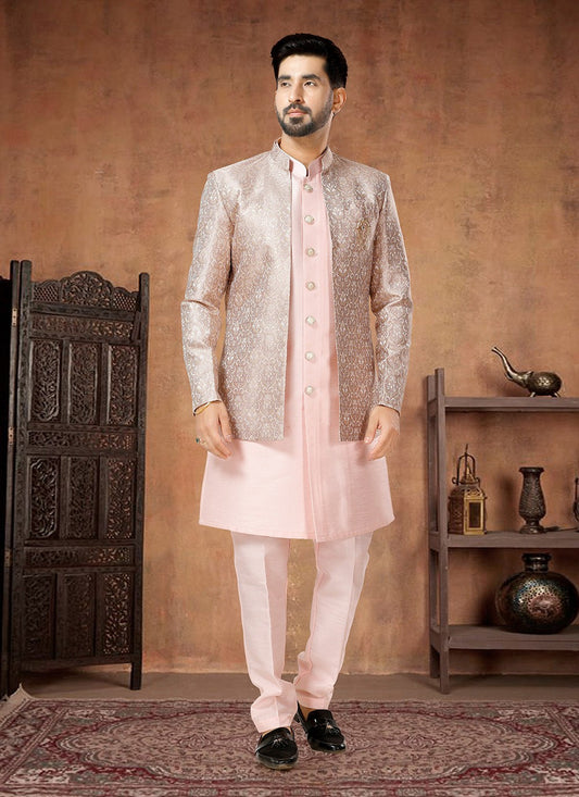 Embroidered Jacquard, Silk Beige, Pink Indo Western - M7035